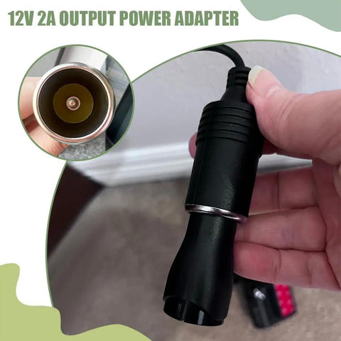 12V 2A output power adapter for car devices, showcasing plug design, used with No Fuss Plug And Play AC To DC Converter And Car Cigarette Lighter Adapter.
