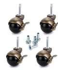 Set of four 2 inch ball casters with grip neck stem and brake sockets for furniture, vintage swivel wheels, heavy duty plastic and steel construction.