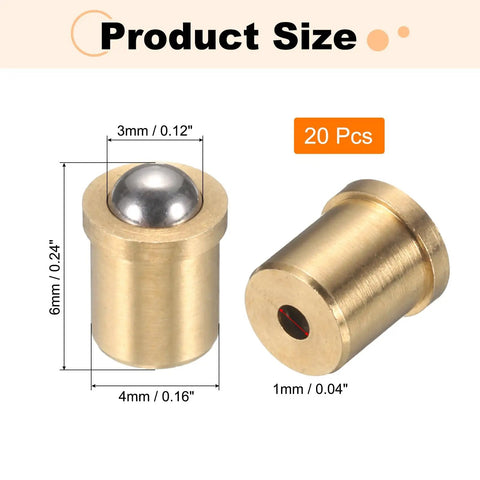 20 Pcs 304 Stainless Steel Ball Plungers Featuring Slick Spring Loaded Push Fit Latch, 3mm Ball Head And Compact 4X6mm Base, product size shown.