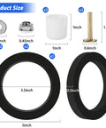 RV Toilet Seal Replacement Kit For 300 310 320 Series Toilets, Gasket And Flange Seal With Bolts Nuts And Washers Included For Leak Free RV Bathroom Upgrade. Product size diagram showing black seal, washer, nut, sleeve, and bolts with measurements.