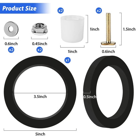 RV Toilet Seal Replacement Kit For 300 310 320 Series Toilets, Gasket And Flange Seal With Bolts Nuts And Washers Included For Leak Free RV Bathroom Upgrade. Product size diagram showing black seal, washer, nut, sleeve, and bolts with measurements.