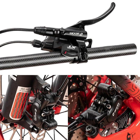 ZOOM HB-876E 4-piston hydraulic e-bike brake kit; black calipers, 180mm rotors, mounted on carbon bar and red frame.