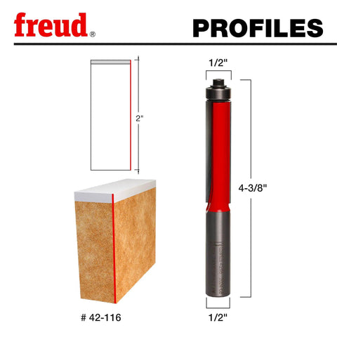 Image of a Freud One Half Inch Bearing Flush Trim Router Bit With TiCo Hi Density Carbide, two inch cutting height.