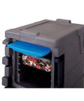 Camchiller Cold Pack 21 By 13 Inch full size in front-loading food pan carrier, visible in cold blue keeping food safely below 41 degrees.