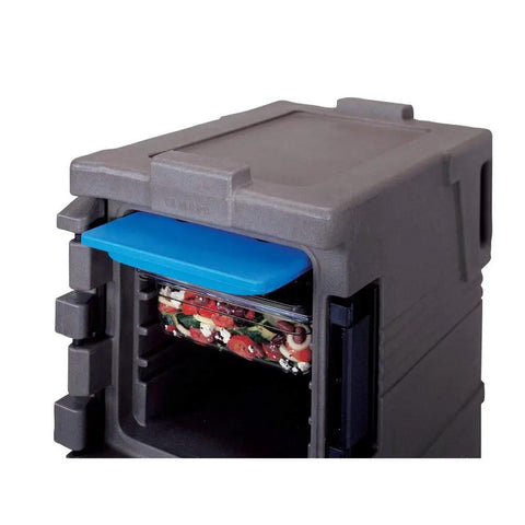 Camchiller Cold Pack 21 By 13 Inch full size in front-loading food pan carrier, visible in cold blue keeping food safely below 41 degrees.