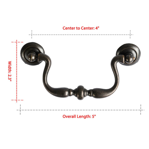 Oil Rubbed Bronze Drop Bail Drawer Pulls 4 Pack 4 Inch Center To Center Colonial Style Cabinet Handles Front View Measurements