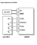 Diagram showing typical application of UIM344 with 24 VDC to integrated closed-loop stepper motor and pulse-direction interface