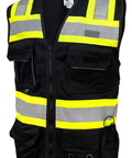 Pro Level Ansi Class One Safety Vest For Surveyors In Matte Black With High Vis Reflective Trim Breathable Mesh Back Built Tough Neck Cushion Dual Tablet Slots No Sweat Dry Fit Comfort Medium Size front view highlighting pockets and reflective trim.