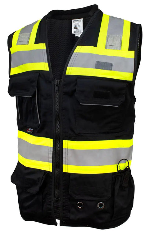Pro Level Ansi Class One Safety Vest For Surveyors In Matte Black With High Vis Reflective Trim Breathable Mesh Back Built Tough Neck Cushion Dual Tablet Slots No Sweat Dry Fit Comfort Medium Size front view highlighting pockets and reflective trim.