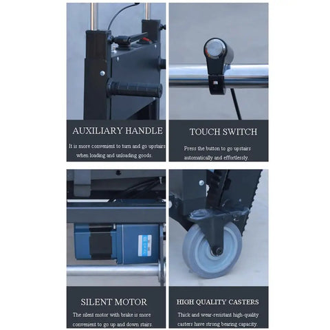 Heavy Duty Electric Stair Climbing Cart With Ergonomic Handle And Foldable Design For Moving Furniture, Appliances, Kegs, Tires Up And Down Stairs Effortlessly with features like auxiliary handle and touch switch.