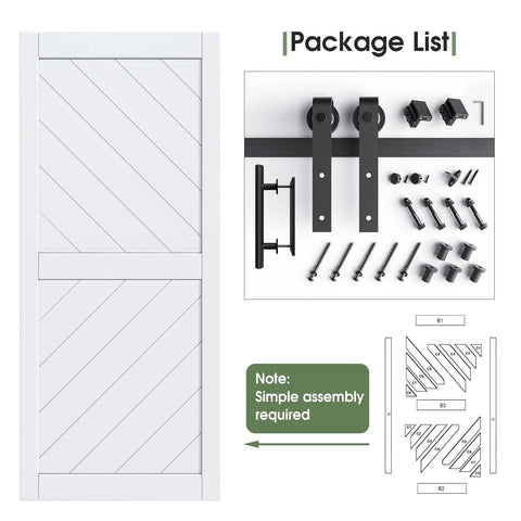 36 Inch By 84 Inch Sliding Barn Door With Six Point Six Foot Hardware Kit And Handle Included Solid MDF Wood Slab Covered With Water Proof And Scratch Resistant PVC Surface Simple Do It Yourself Assembly Chevron Pattern displayed with hardware components.