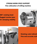 Heavy Duty Indexing Head For Milling Machine With Vertical Horizontal Rotary Table And Precision Tailstock Mount Built Like A Tank For 4 5 6 Inch Chucks Dead On Target Tilting For Serious Shop Projects, showing 360° rotary setup with rugged clamping jaws.
