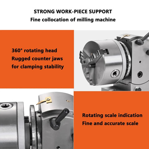 Heavy Duty Indexing Head For Milling Machine With Vertical Horizontal Rotary Table And Precision Tailstock Mount Built Like A Tank For 4 5 6 Inch Chucks Dead On Target Tilting For Serious Shop Projects, showing 360° rotary setup with rugged clamping jaws.
