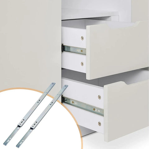 Built Tough 15 Inch Side Mount Cabinet Drawer Slides Featuring Steel Ball Bearings displayed with drawers for kitchen upgrades.