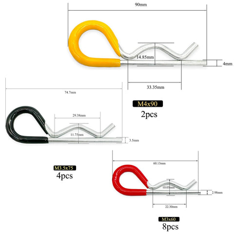 14pcs heavy-duty hitch pins and R-clips with rubber-coated grips in yellow/black/red; sizes M3x60, M3.5x75, M4x90 Amazon