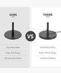 Comparison of floor lamp bases: ours with solid metal base, sleek design; theirs with sand/plastic filling, bulky design.