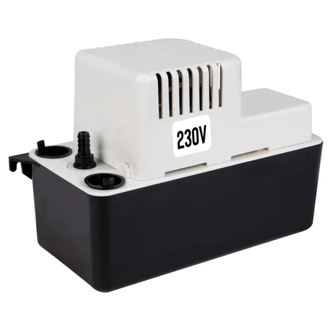 VCMA-20UL 230V Automatic Condensate Removal Pump for HVAC Refrigeration and Dehumidifiers with No Fuss Install, side view.