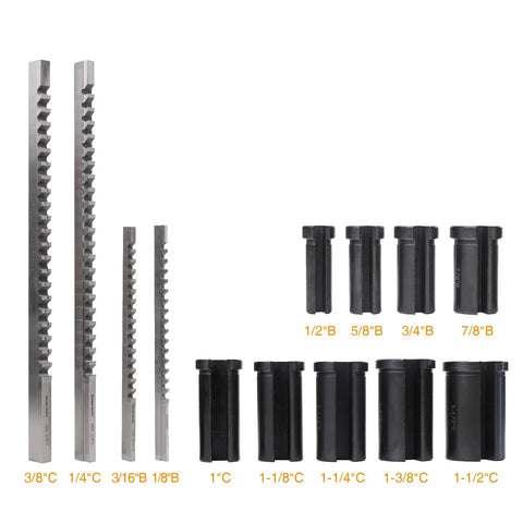 Keyway Broach Set 18 Piece HSS Inch Tool Kit For Precision Machining With 4 Broaches and 9 Bushings displayed on white background