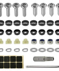 Heavy Duty Stainless Steel Anti Theft License Plate Screws Kit with various bolts, caps, washers, and foam pads for secure mounting.