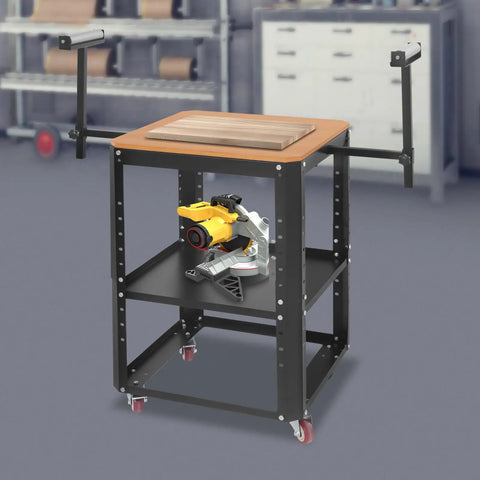 Built Like A Tank Rolling Workstand Holds 550 Pounds, Fully Adjustable Height Design with power saw on bottom shelf.