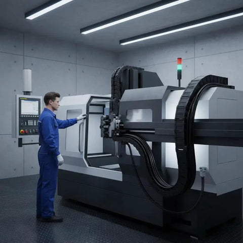 Operator checking CNC machine with 15mm By 30mm Plastic Semi Closed Cable Drag Chain For CNC Machine Tools Black 1 Meter Long Wire Carrier