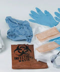 Top Shelf Employee Protection Kit With Isolation Gown Fluid Resistant Face Mask Vented Safety Goggles Powder Free Nitrile Exam Gloves Bouffant Caps And Non Slip Shoe Covers To Keep You Locked In And Safe On Site including gloves, gown, masks, goggles and waste bag.