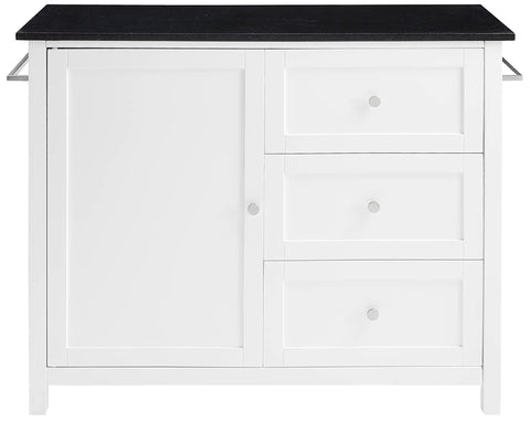 Front view of Granite Top Kitchen Island Cart with Rolling Wheels, Microwave Stand, Coffee Bar, Black Finish and storage cabinet.