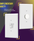 Oversized 1-Gang White Toggle Light Switch Wall Plate Jumbo 5.5 By 3.5 Inch Cover Unbreakable Polycarbonate shown with dimmer