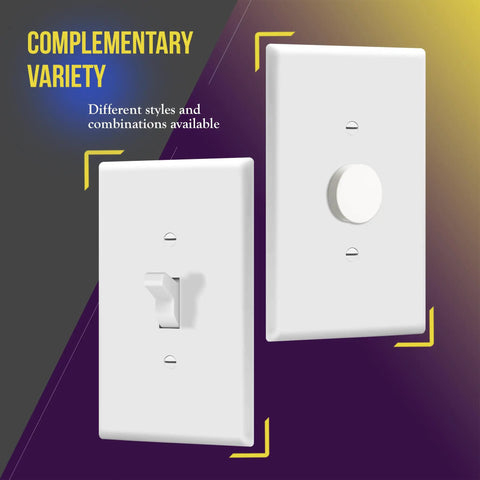 Oversized Toggle Light Switch Wall Plate With Gloss Finish In White, 1 Gang 5.5 Inch By 3.5 Inch, Unbreakable Polycarbonate Thermoplastic, Built Tough Cover, 10 Pack showing toggle and dimmer options with complementary variety background.