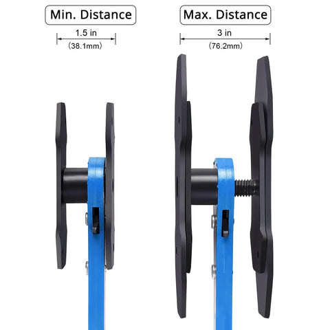 Beast Brake Caliper Press Tool For Twin And Quad Piston Disc Brakes With Piston Spreader Pads showing min and max distance
