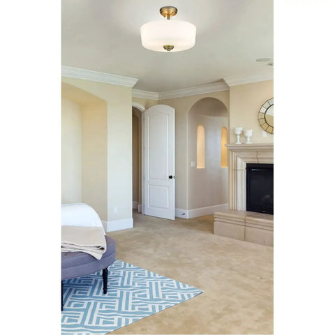 Three Light Matte Opal Glass Semi Flush Mount in Heritage Brass Finish, Classic Tuscan Vibe Ceiling Light in living room