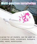 Slick Humorous Waterproof Fuel Tank Cap Decals on white car side mirror, displaying fun pink design, universal for various surfaces.