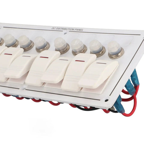 Beefy 8 Gang Toggle Switch Panel In Aluminum Alloy With Overload Protector And Red LED Indicator For 12V Marine Ship Yacht RV Bus And Automotive Electrical Systems IP65 Waterproof Control Panel, showing close-up of toggles and wiring.