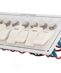 8 Gang Marine Switch Panel With Overload Protector And Red LED, showing white switches, aluminum body, and wired connections.