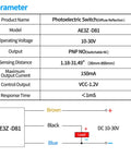 Photoelectric Sensor Switch PNP NO NC DC 10 30V With 80cm Infrared Reflective Beam technical specifications AE3Z-D81 model diagram