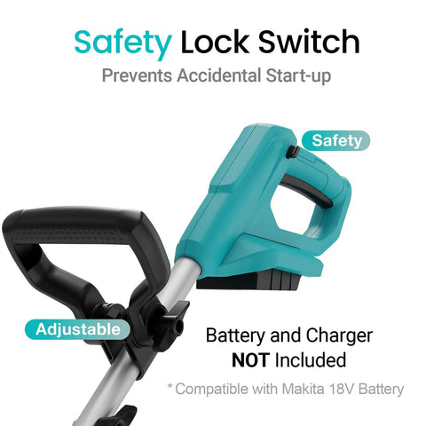 Close-up of Cordless Brushless Garden Tiller Cultivator handle with safety lock switch and adjustable grip, tool only, Makita 18V compatible.