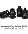 Close-up of 11 Piece Three Eighths Inch Drive Pipe Plug Socket Set SAE CR MO Chrome Moly Black Phosphate Finish