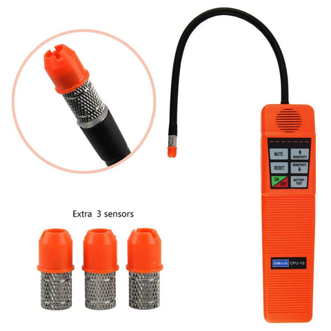 Elitech CPU-1G HVAC leak detector handheld orange unit with probe and three sensor tips for halogen refrigerants.