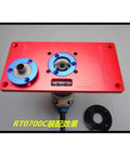Premium Aluminum Router Table Insert Plate with Precision Center Bushing, red color, for woodworking setup and alignment.