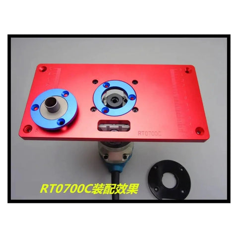 Premium Aluminum Router Table Insert Plate with Precision Center Bushing, red color, for woodworking setup and alignment.