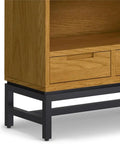 Oak Veneer Desk And 66 Inch Bookcase Set With Graphite Gray Metal Frame, close-up of lower shelf and drawers