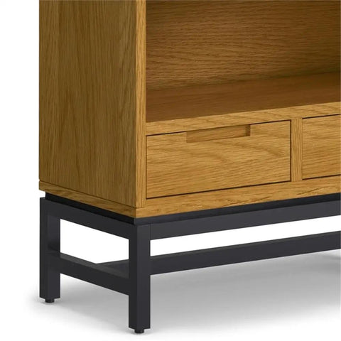 Oak Veneer Desk And 66 Inch Bookcase Set With Graphite Gray Metal Frame, close-up of lower shelf and drawers