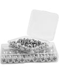Rock Solid Hundred Pack Of Number 4 Flat Head Phillips Self Tapping Screws in clear storage box, 304 stainless steel, for various projects.