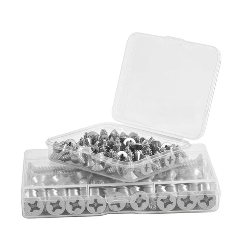 Rock Solid Hundred Pack Of Number 4 Flat Head Phillips Self Tapping Screws in clear storage box, 304 stainless steel, for various projects.