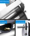 Built Tough Stainless Steel Garden Hose Reel Featuring A Slick Auto Retracting System For Quick Wall Or Floor Mount Setup with copper connector and strong handle.