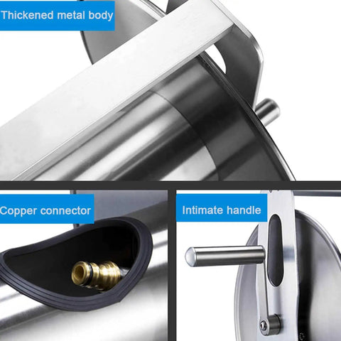 Detailed view of Built Tough Stainless Steel Garden Hose Reel With 98 Foot Retractable Tube, featuring metal body, copper connector, and handle.