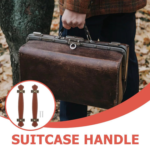 Vintage Leather Trunk Handle Replacement For Cabinets And Drawers Brown Leather Cabinet Pulls shown on suitcase