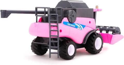 One To Thirty Two Scale Friction Powered Pink Combine Harvester Farm Toy For Realistic Play With Rotating Reel And Removable Ladder