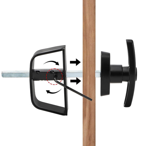 Side view of All In One Shed Door Latch Kit With T Handle Lock And Five Keys, Two Spring Loaded Latches, Five And A Half Inch Stem.
