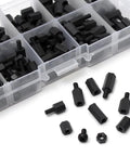 Nylon Standoff And Screw Kit 180 Piece With Nuts For Easy Install Hex Spacers Built For Automotive And Large Projects No Fuss Quick Install Durable Hardware Set For DIY Electronics And Mounting Needs, black hex spacers and screws in organizer